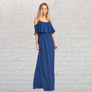 Show Me Your Mumu Caitlin Ruffle Maxi Dress Navy L Wedding Formal Casual SMYM